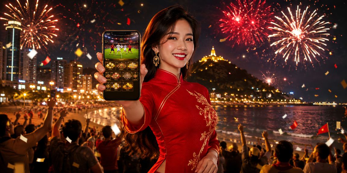 Người dùng nữ mặc áo dài tại Vũng Tàu sử dụng điện thoại để nạp tiền và đặt kèo thể thao trên di động